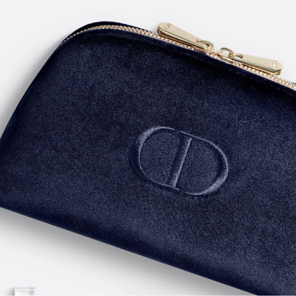 Dior Pouch Bag Cosmetic Case Purse Navy Velvet Logo Gold Zippers NEW